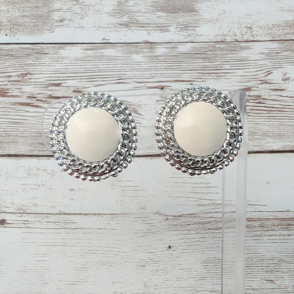 Vintage Clip On Earrings Cream Enamel with Silver Tone Halo